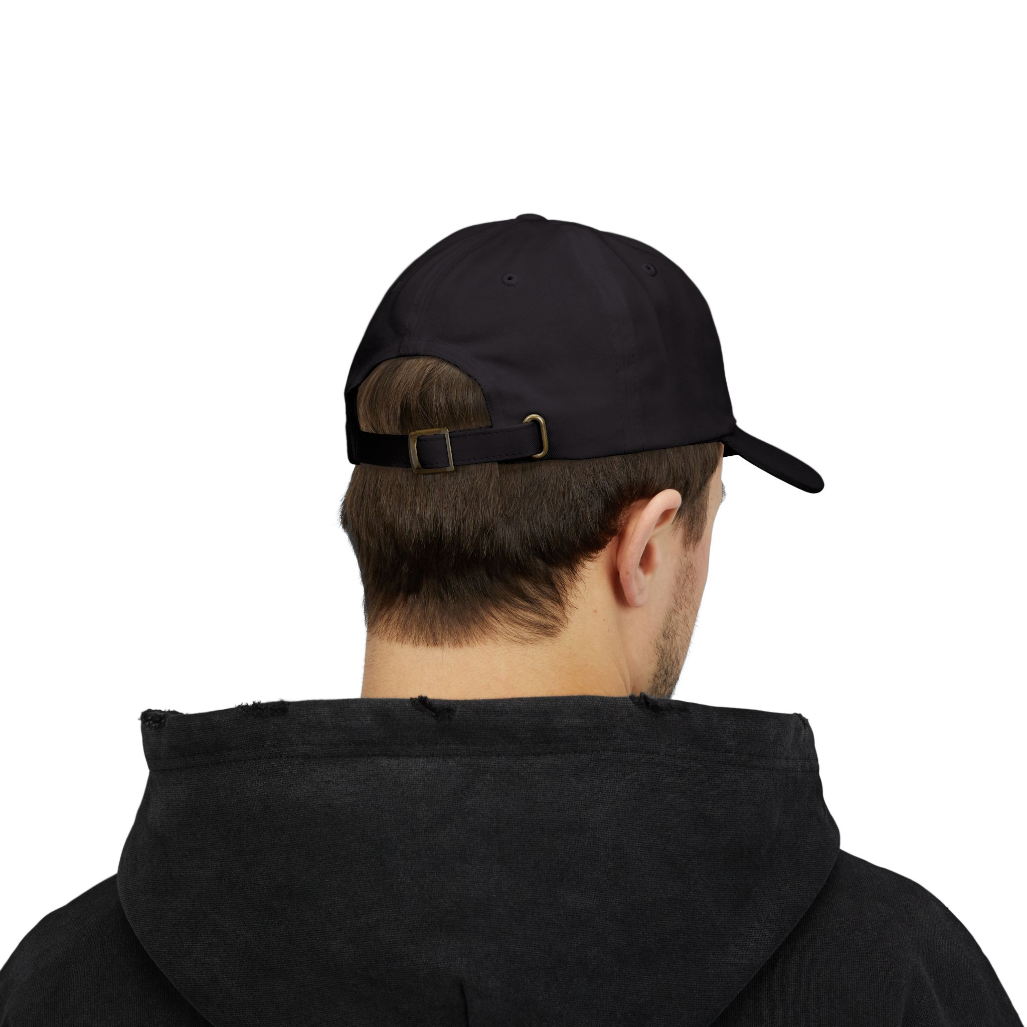 Model wearing the black Dad Trader Co. Signature Hat, back view