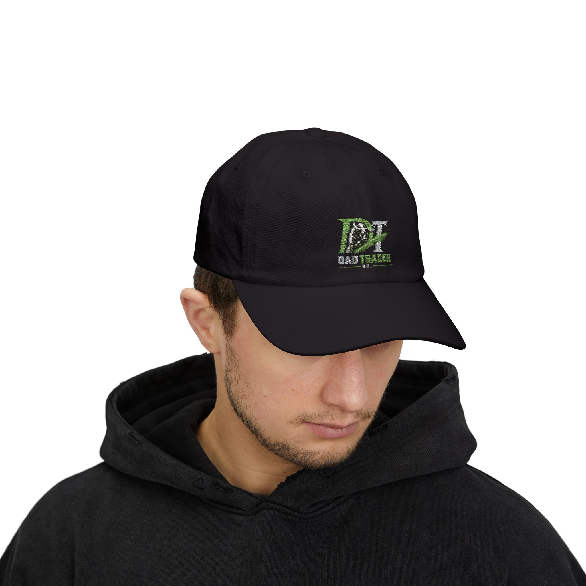 Model wearing the black Dad Trader Co. Signature Hat, front view