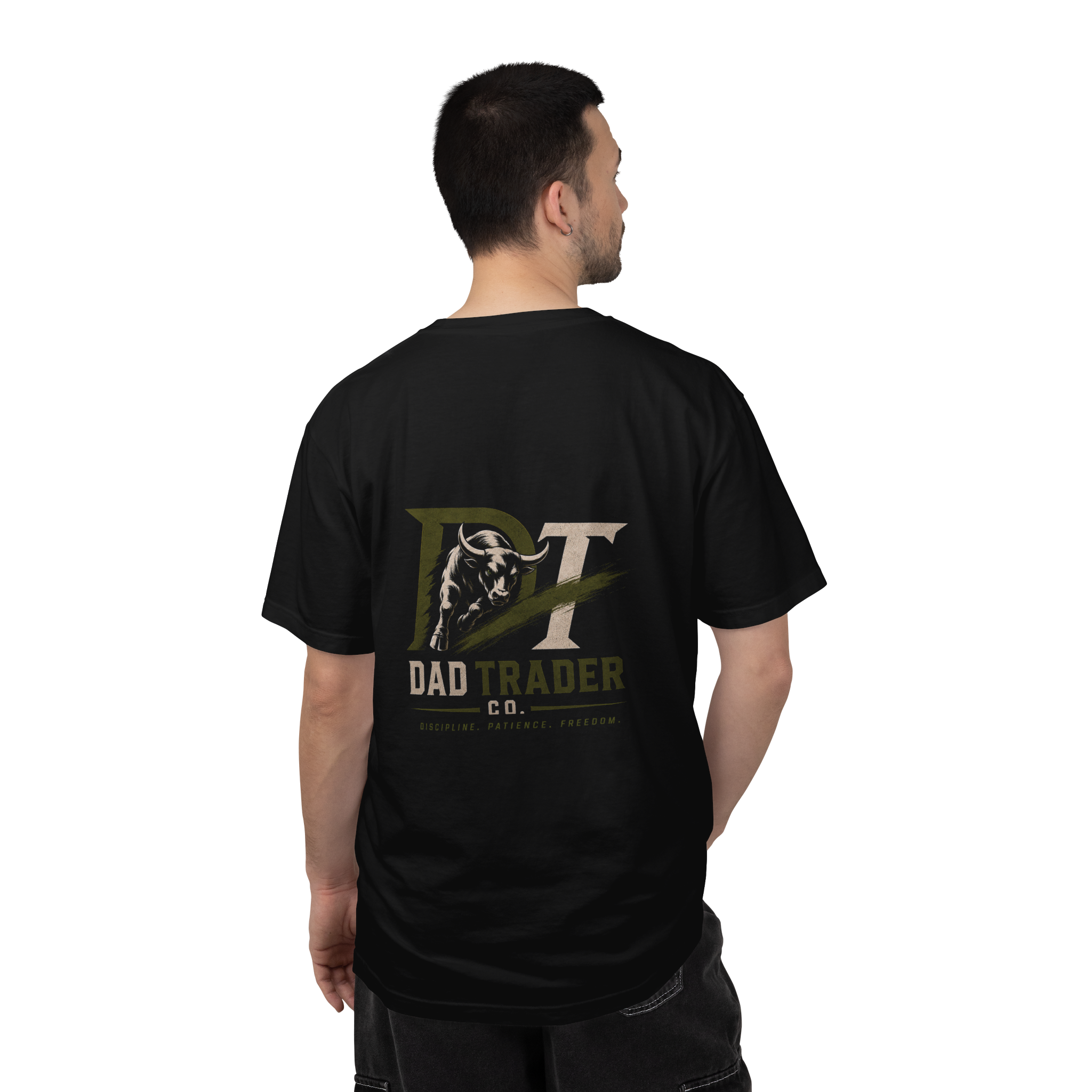 Model wearing the black Foundations Tee, back view