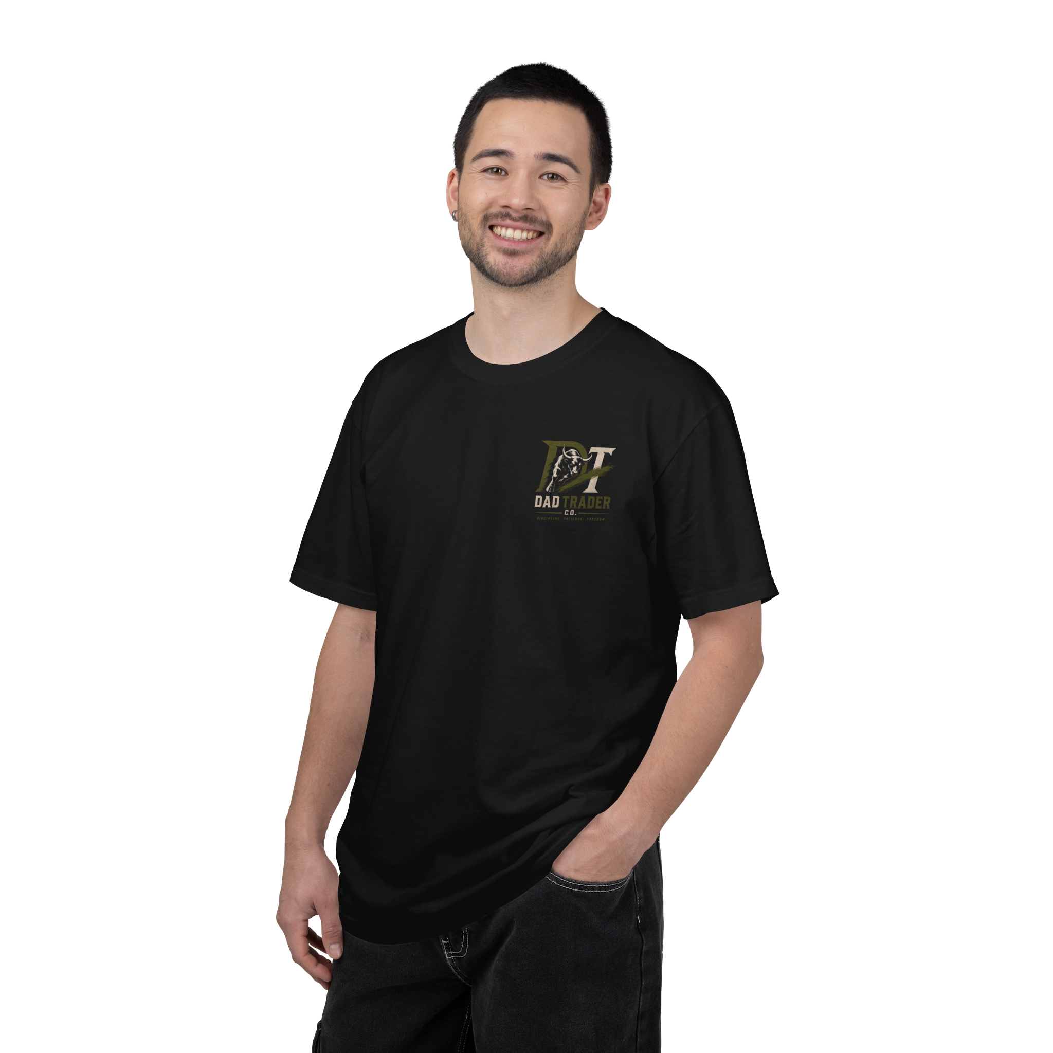 Model wearing the black Foundations Tee, front view